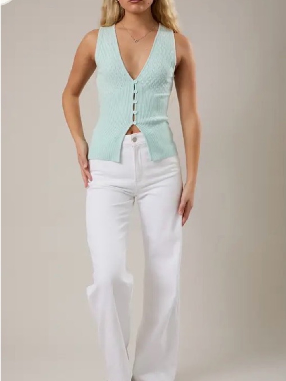 188. Mint Pointelle ribbed top